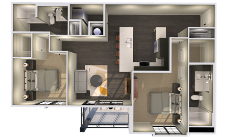 a 3d floor plan of a bedroom with a bathroom and a living room